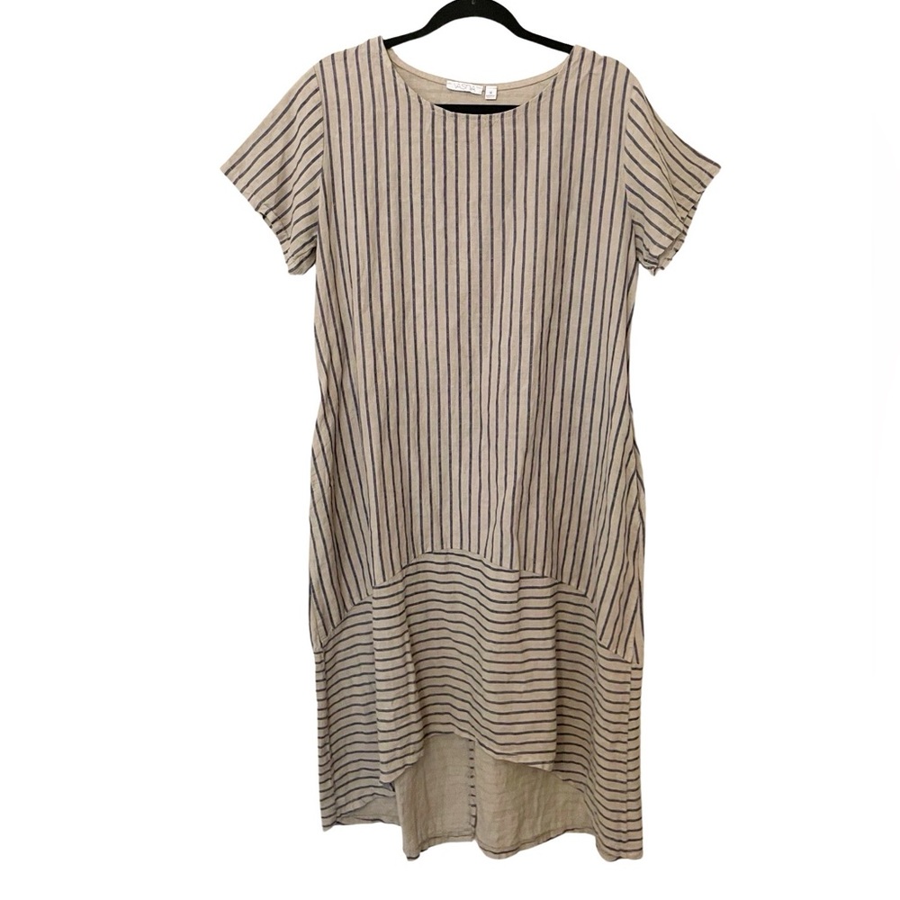 VASNA 100% Linen Dress Short Sleeves Stripes Long Grey Blue Made in Italy Size M
